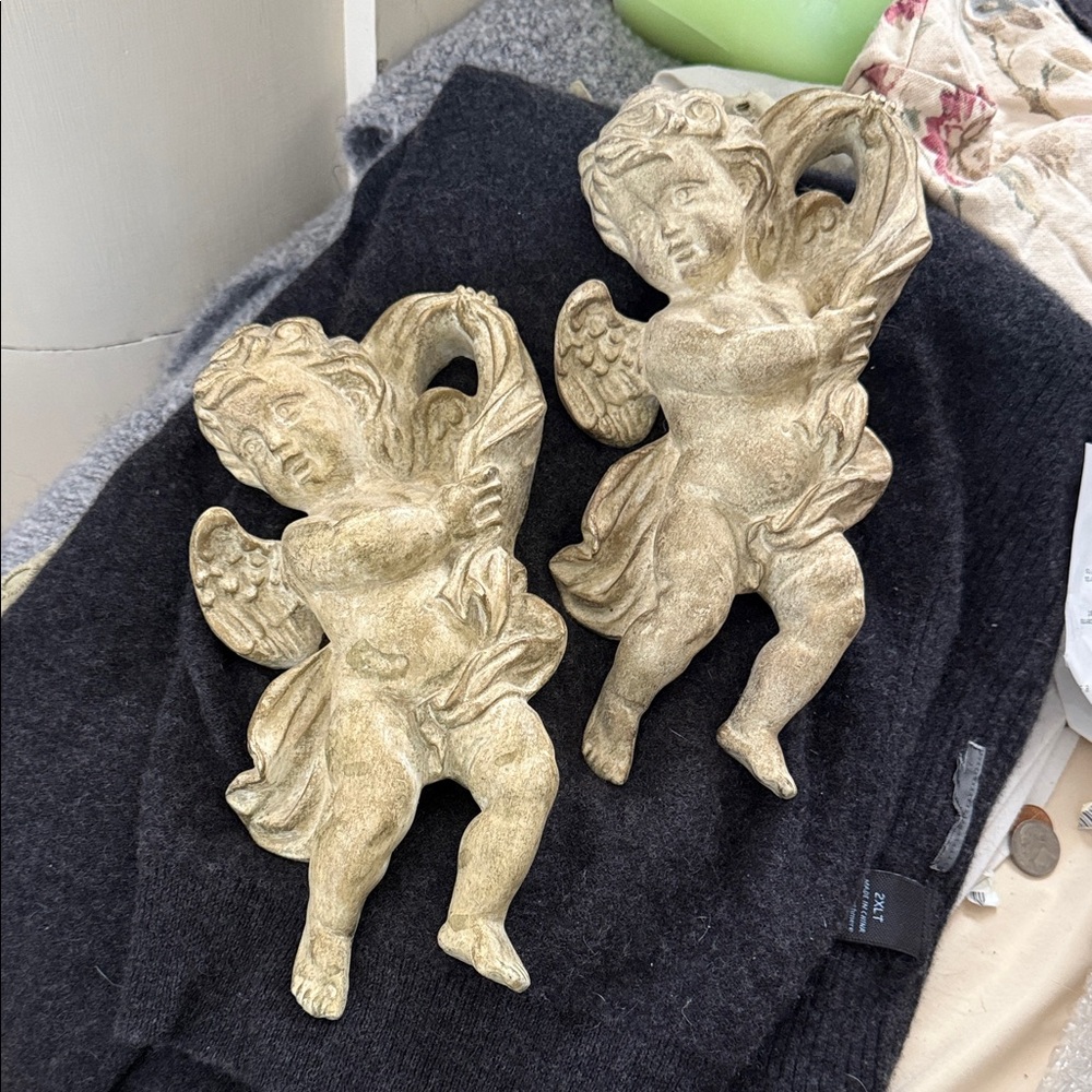 Vintage French country Cherub Wall Plaque Pair in Antique Gold - Home Wall Decor
